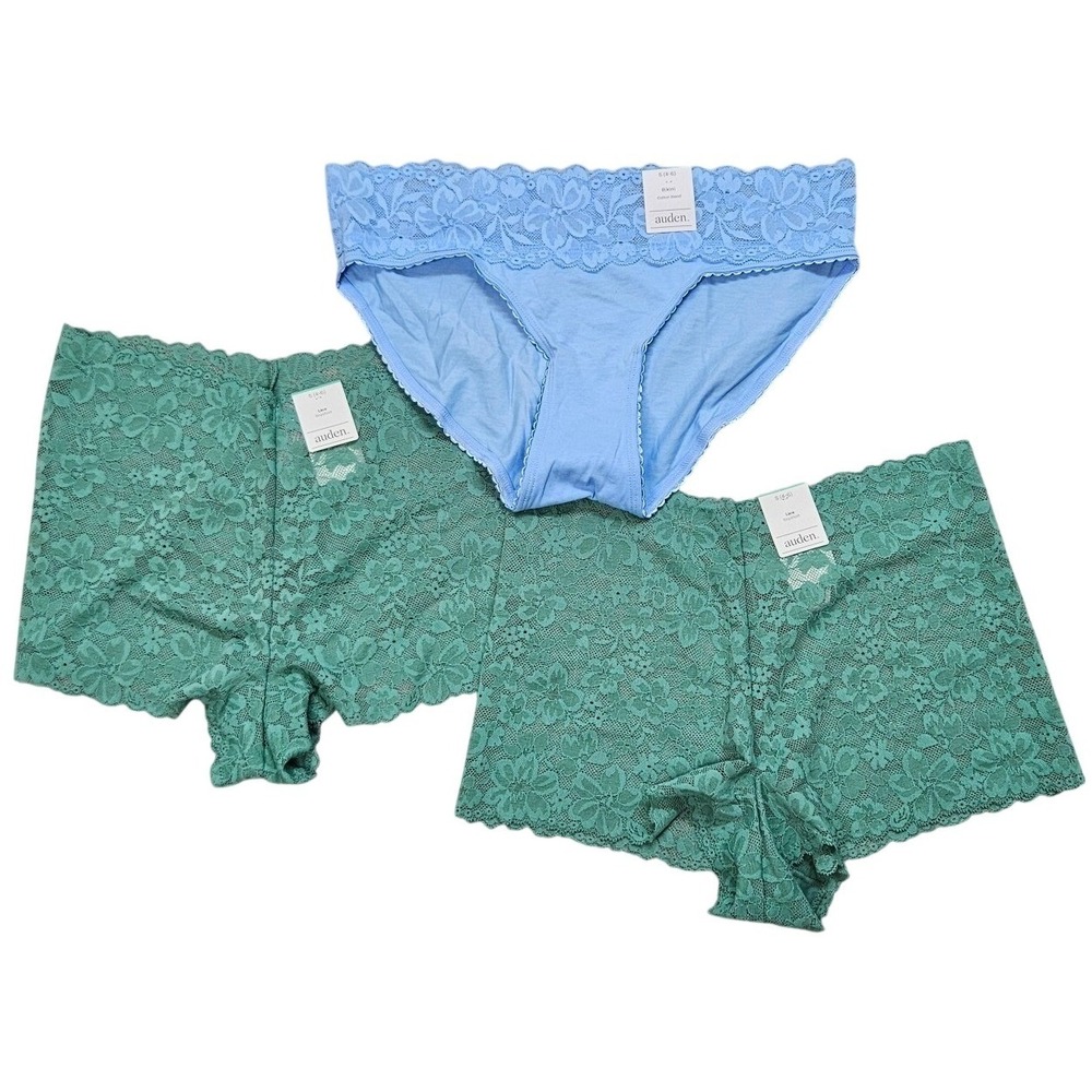 Auden Womens 3 Pack Lace Boyshort and Bikini‎ Panties Green Blue Small 4-6 NWT